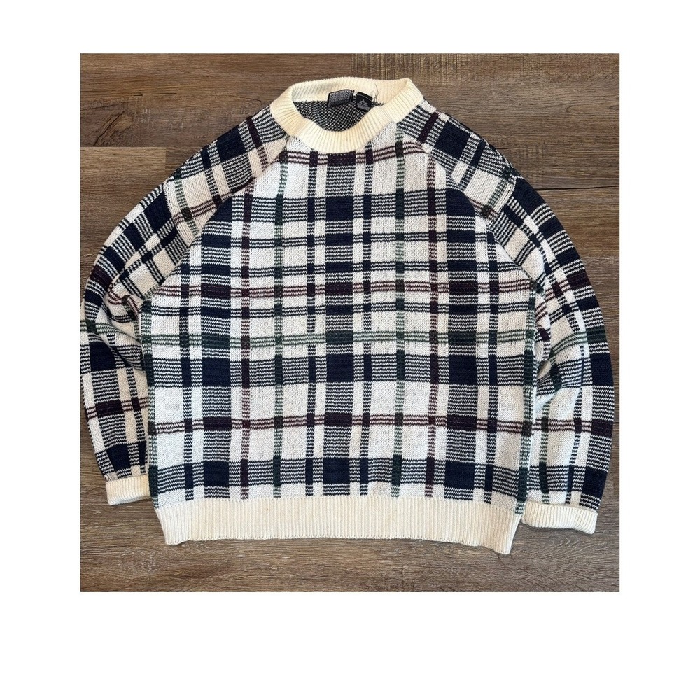 Knightsbridge Vintage Plaid Sweater Mens Large Cream Navy Cotton Made in USA
